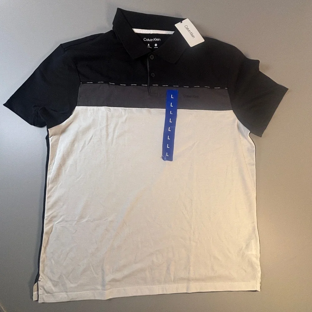 Calvin Klein Men's‎ Large Black White Gray Polo Shirt Quick Drying Wicking NWT